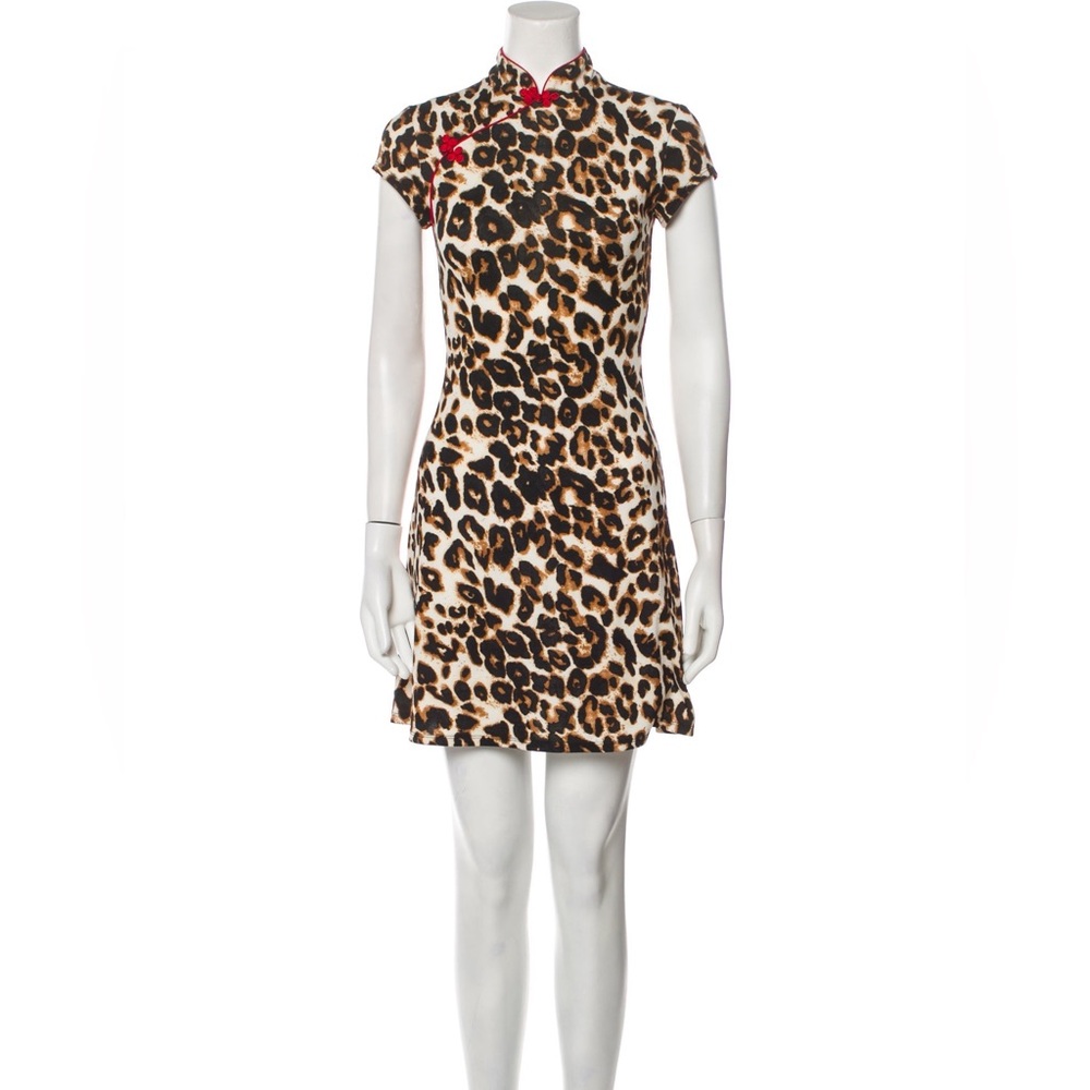 Reformation May mini dress in leopard print with red mandarin collar size L